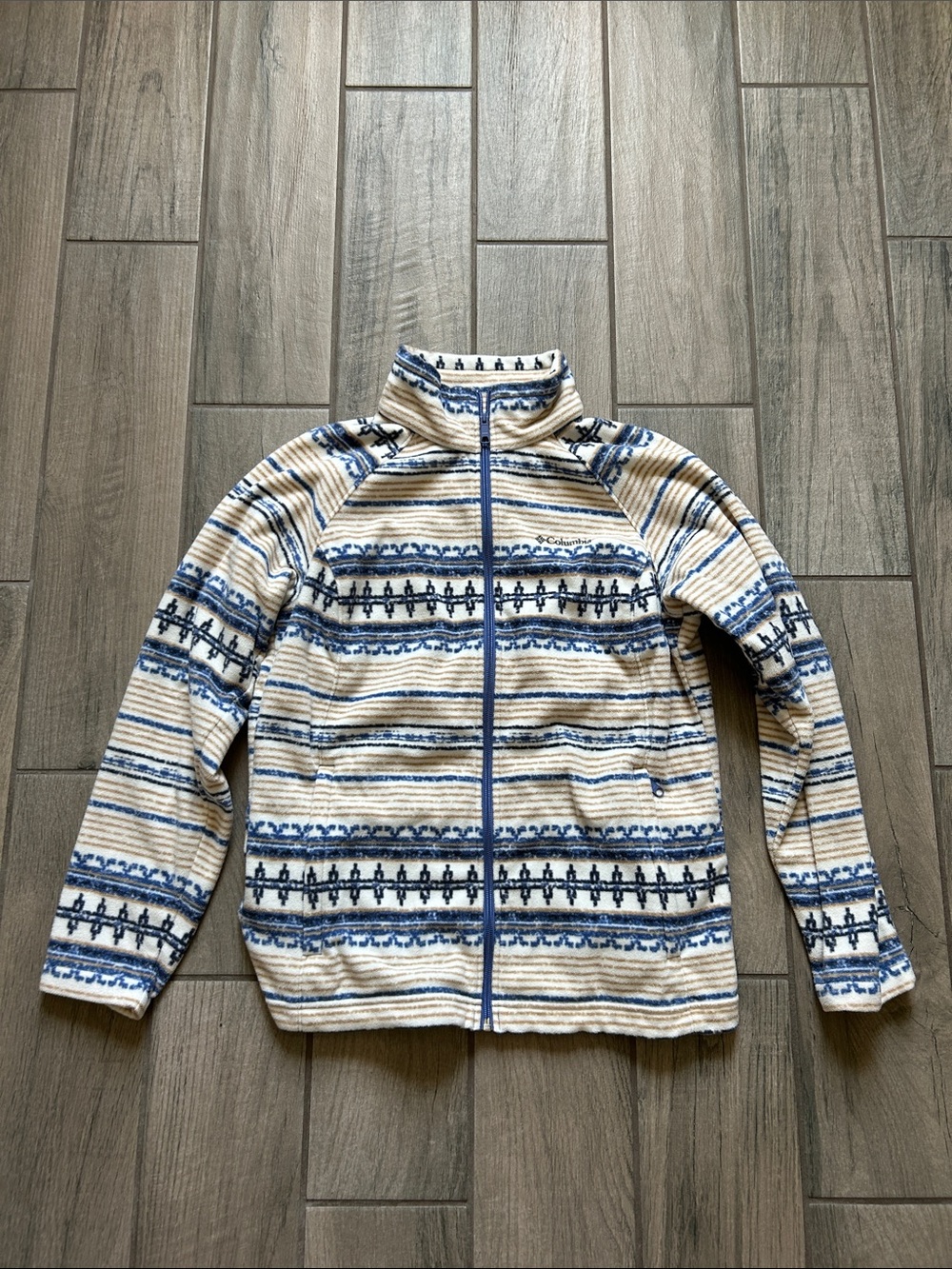 Columbia Cream & Blue Striped Full-Zip Fleece Jacket
